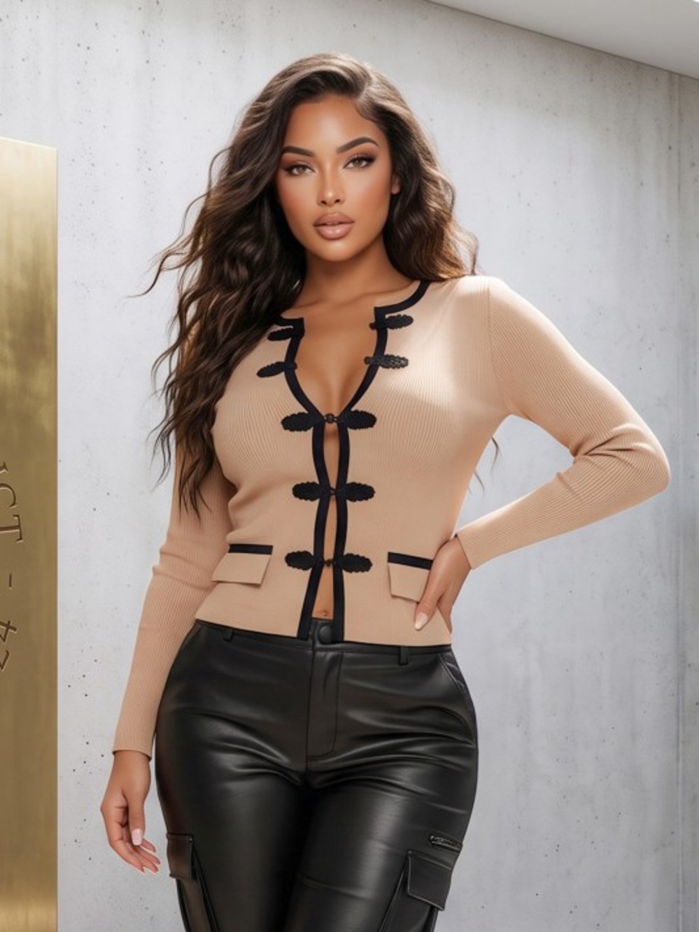 Beige Knit Button-Trim Cardigan Top  T-48188